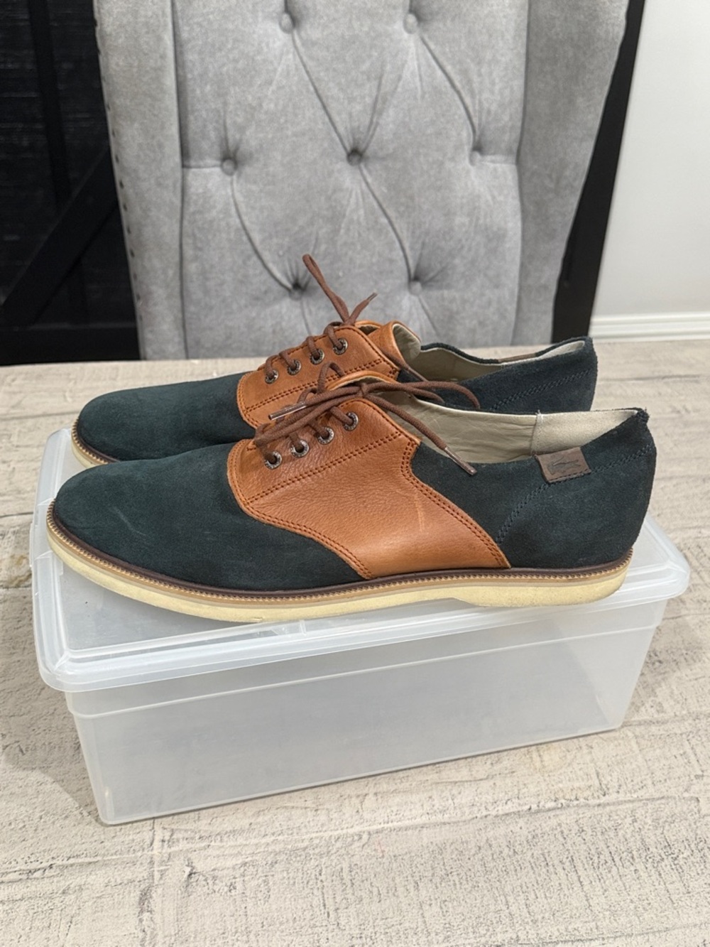 Men's Lacoste Two-Tone Suede & Leather Oxford - Dark Green and Brown 13